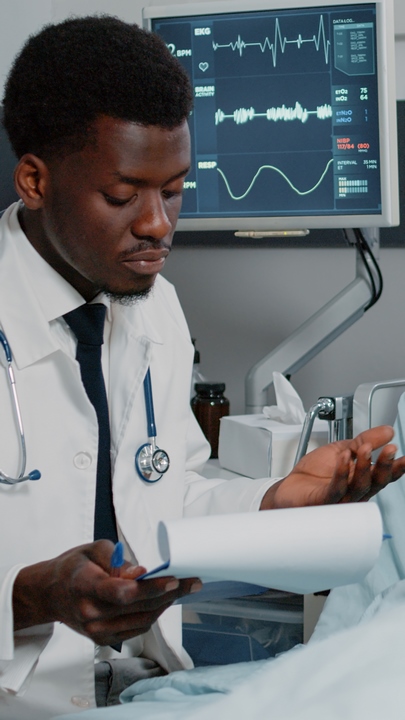African american doctor consulting patient with IV drip bag business 07-1000